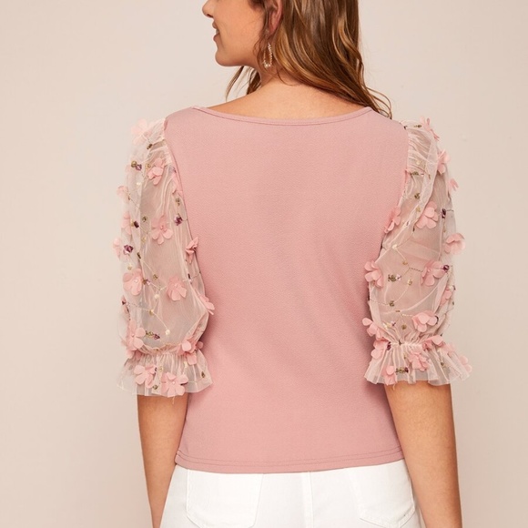021 boho pink floral detail sheer Puff sleeve ruffle top - Picture 3 of 4